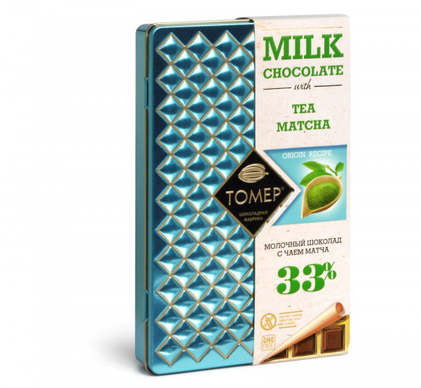 №1 Фабрика Томер металлический бокс Молочный шоколад с чаем МАТЧА ,33%  90г в Калининграде